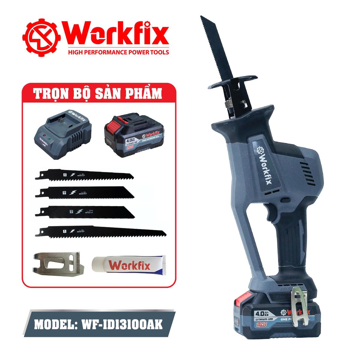 Máy cưa kiếm dùng pin Workfix WF-RS20BL, 500W, không chổi than, pin 21V 4.0Ah, tặng bộ 4 lưỡi thép cao cấp