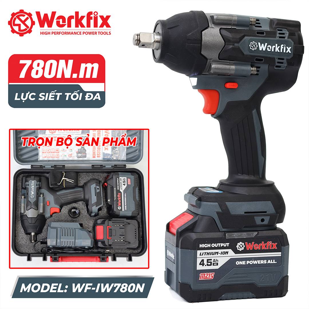 Máy siết bulong dùng pin Workfix WF-IW780NV, lực siết 780N.m, đầu 2 trong 1, vừa siết vừa khoan - image 1