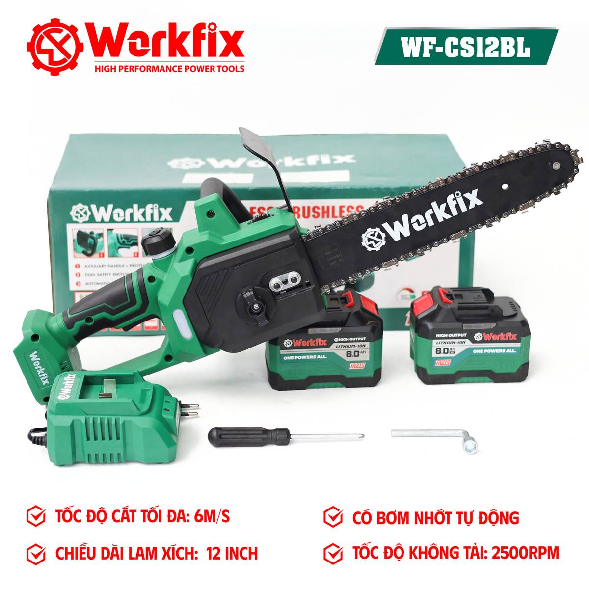 Máy cưa pin Workfix WF-CS1202BL, lam dài 12 inch, bơm nhớt tự động, chống khởi động lại, khởi động mềm, công tắc kép an toàn - image 1