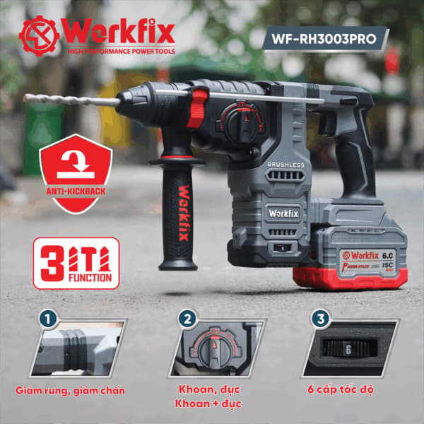 Máy Khoan Đục Bê Tông WORKFIX WF-RH3003ATC 3,0J Anti-Kickback 6 Tốc Độ (KHOAN -BÚA -ĐỤC), Chuyên Khoan Đục Bê Tông — CHỐNG RUNG AVS