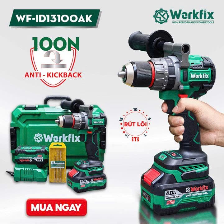 Máy khoan pin Workfix WF-ID13100AK, lực 100N, chuyên rút lõi, khoan tường, bắn vít, không chổi than