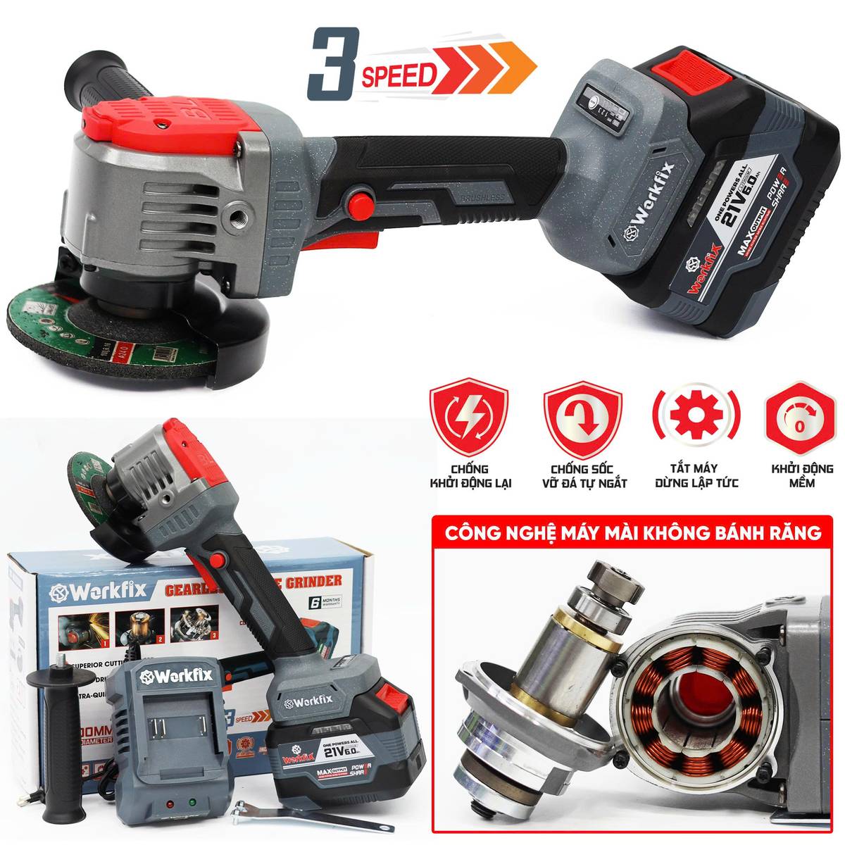 Máy mài pin Workfix WF-AG11000G, chống lật cổ tay, trục M10 công tắc bóp, động cơ không bánh răng - image 1