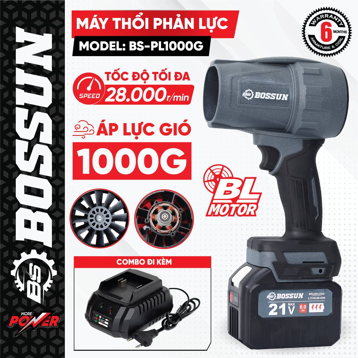 Máy thổi phản lực pin Bossun BS-PL1000G, Không chổi than, 900w, 28000v/p, Áp lực gió 1000G - image 1