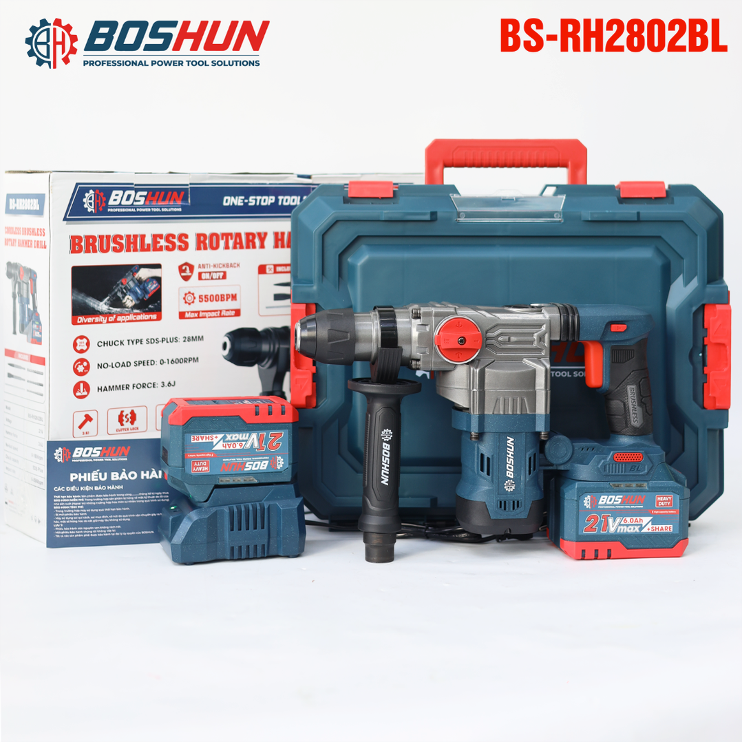 Máy khoan búa pin Boshun BS-RH2802BL - Chống rung AVS, Chống lật cổ tay