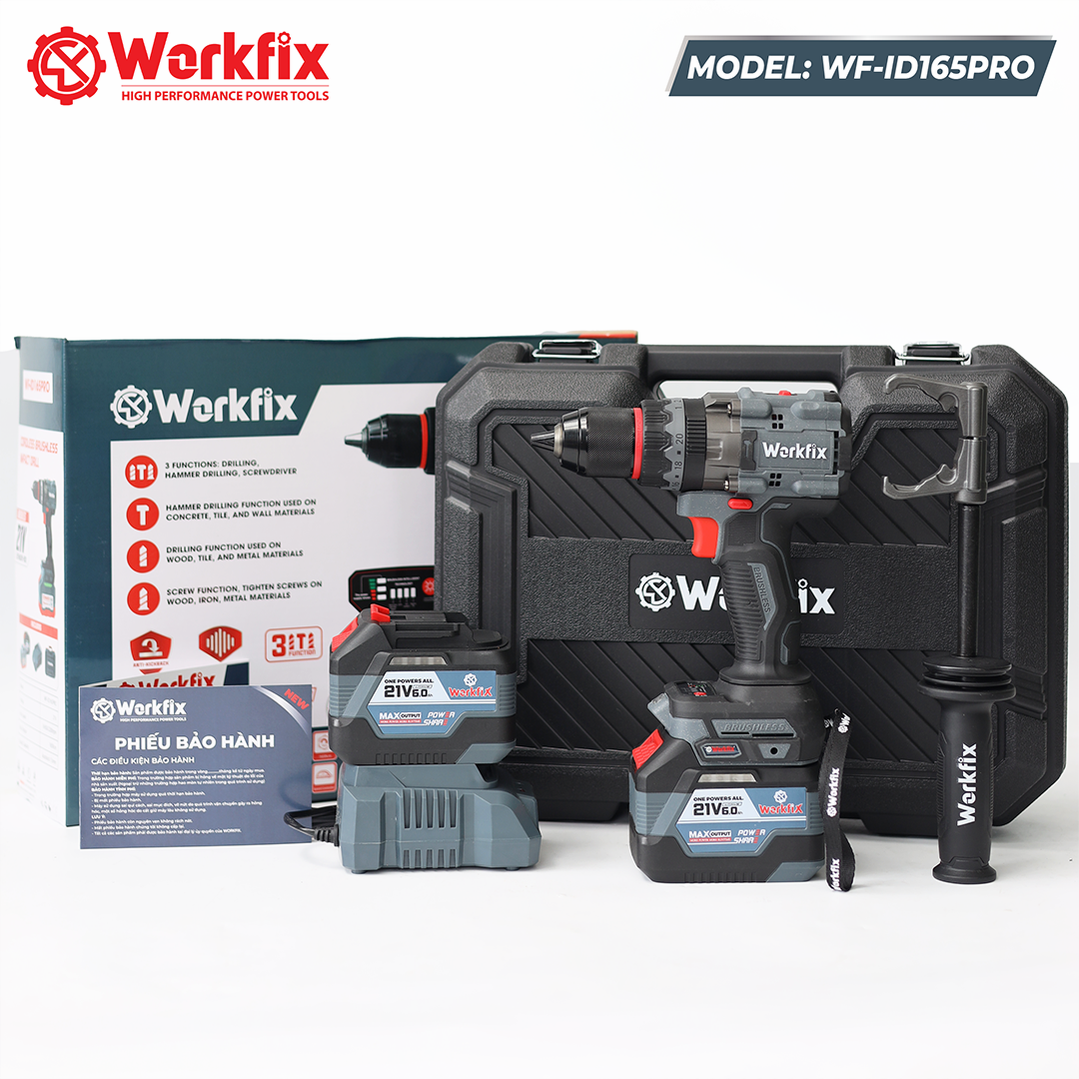Máy khoan pin Workfix WF-ID165PRO (165N.m) - Chống lật cổ tay, Giảm chấn