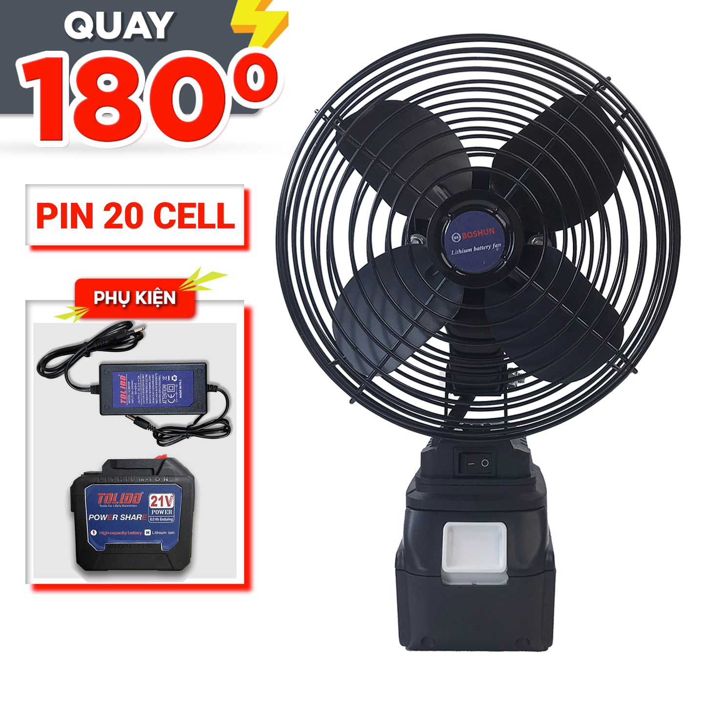 Quạt tích điện dùng pin Lithium Boshun BS-Q1203 - Đường kính 8 inch (Chân pin phổ thông)