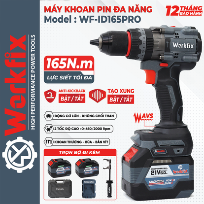 Máy khoan pin Workfix WF-ID165PRO, lực 165N, chống lật cổ tay, giảm chấn AVS