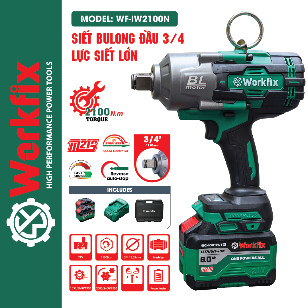 Máy siết ốc không chổi than Workfix WF-IW2100N - Lực mở cực đại 2100 Nm cho ô tô, xe tải - image 1