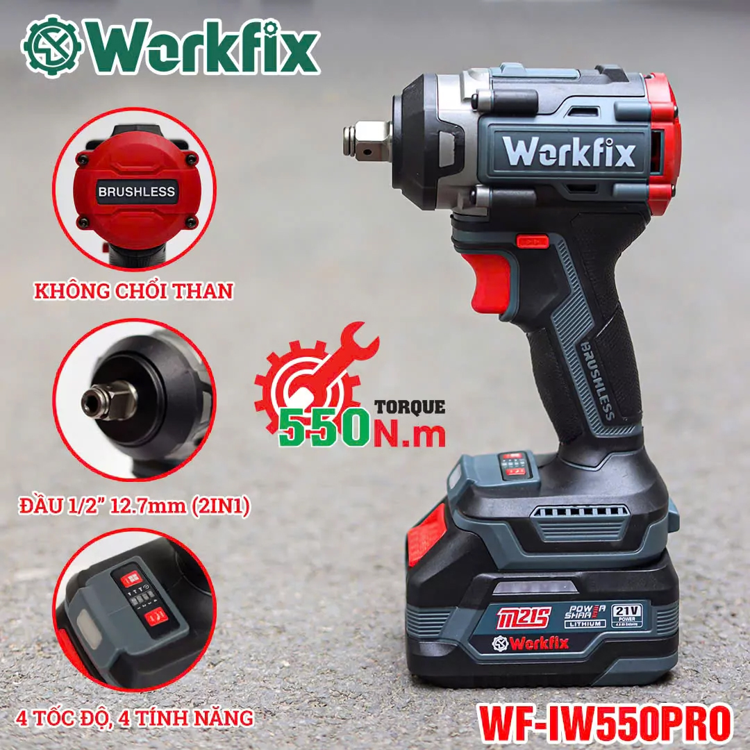 Máy siết bulong pin Workfix WF-IW550PRO (550N.m) - Mở ốc ô tô, xe máy - image 1