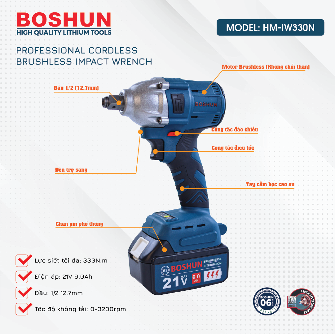 Máy siết bulong pin Boshun BS-IW330N (330N.m) - Chân pin phổ thông M21 - image 1
