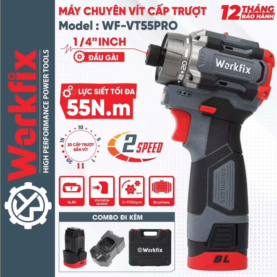 Máy bắt vít pin Workfix WF-VT55PRO (Lực siết 55N.m) - Có cấp trượt - image 1