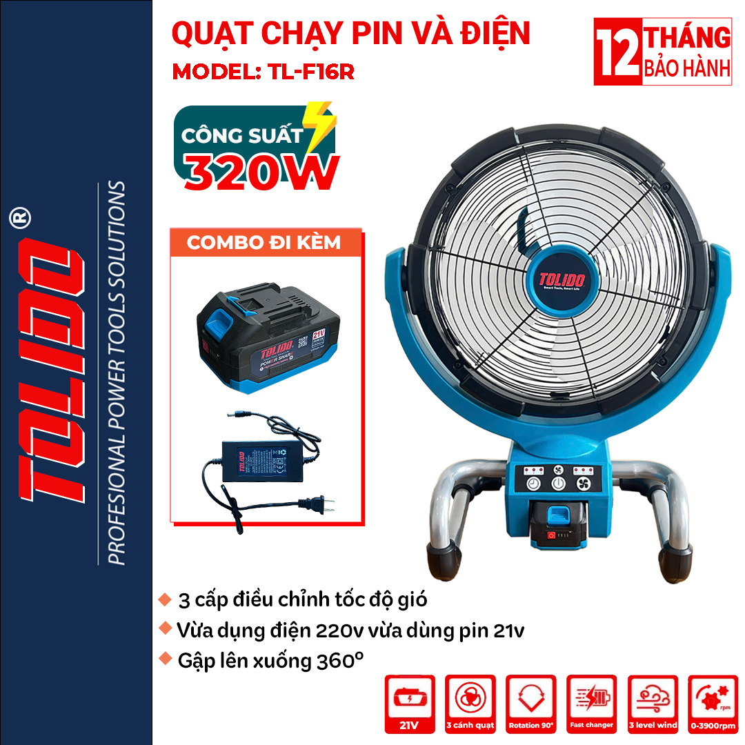 Quạt tích điện TOLIDO 21V, quạt dùng pin hoặc cắm điện, 3 cấp độ gió, chân pin phổ thông. - image 1