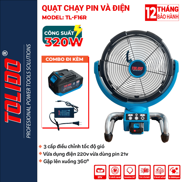 Quạt tích điện TOLIDO 21V, quạt dùng pin hoặc cắm điện, 3 cấp độ gió, chân pin phổ thông.