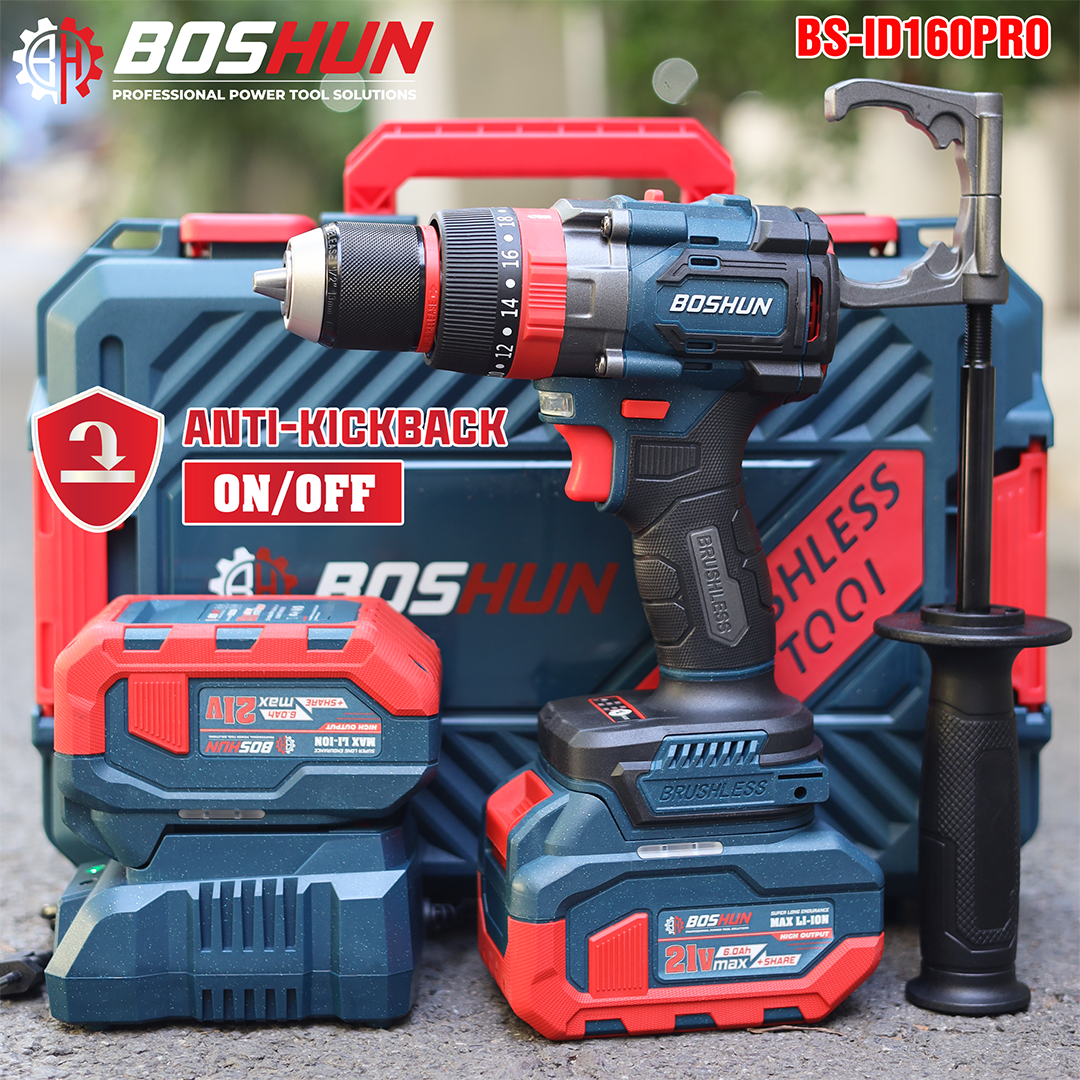 Máy khoan pin Boshun BS-ID160PRO (160N.m) - Anti Kickback, Đầu 13mm Autolock - image 1