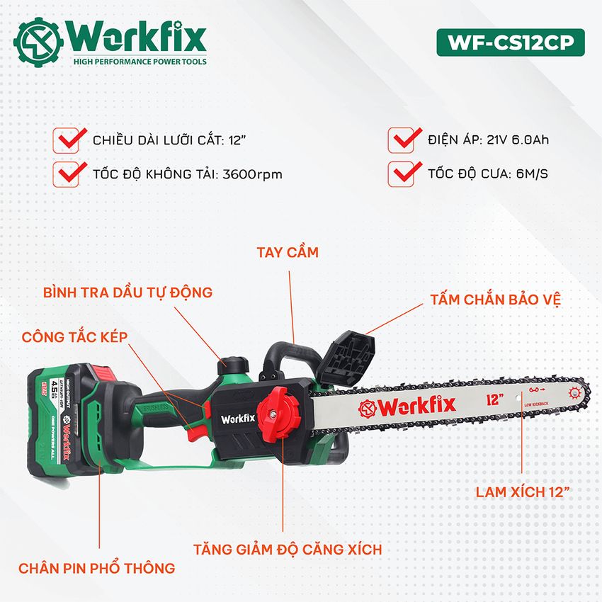 Máy cưa xích pin Workfix WF-CS12CP (12 inch) - Tự động tra nhớt - image 1